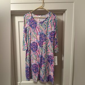 Lulu-B Tropical Print Dress with Pink and Blue